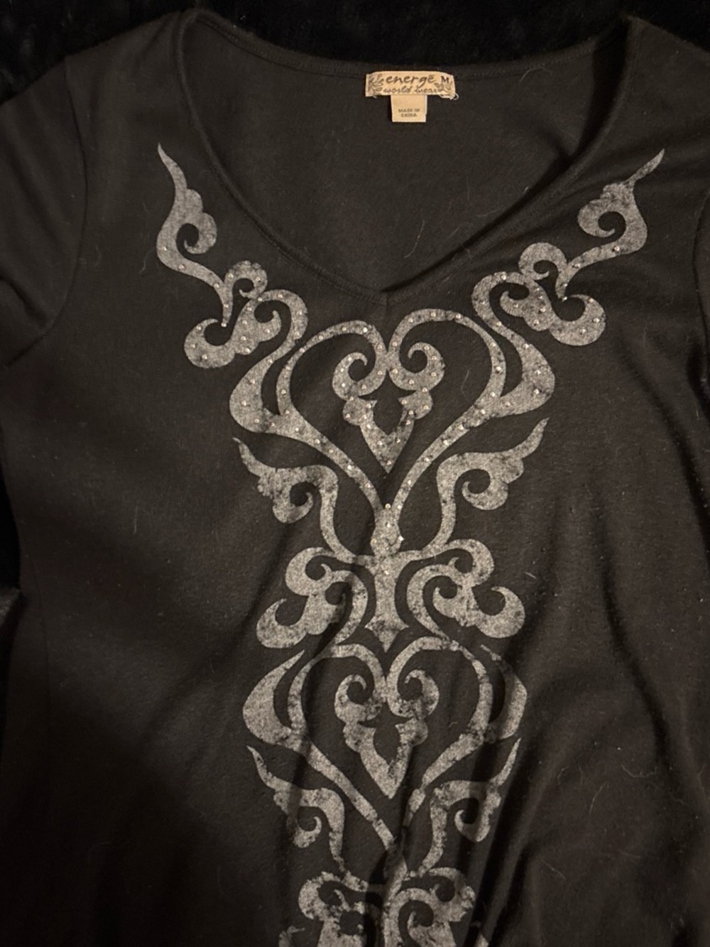 Energie Black Long Sleeve V-Neck Top with Silver Scroll Print